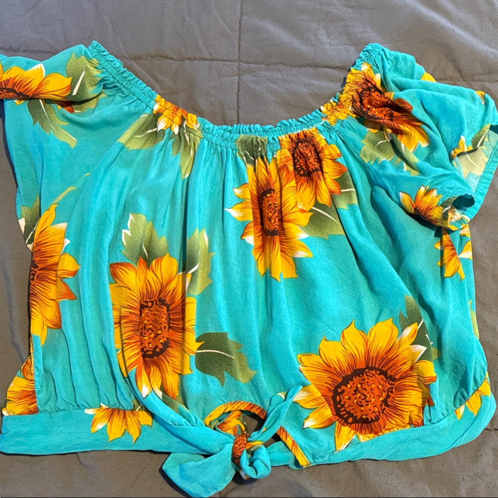 Sunflower Print Short Sleeve Top - Turquoise